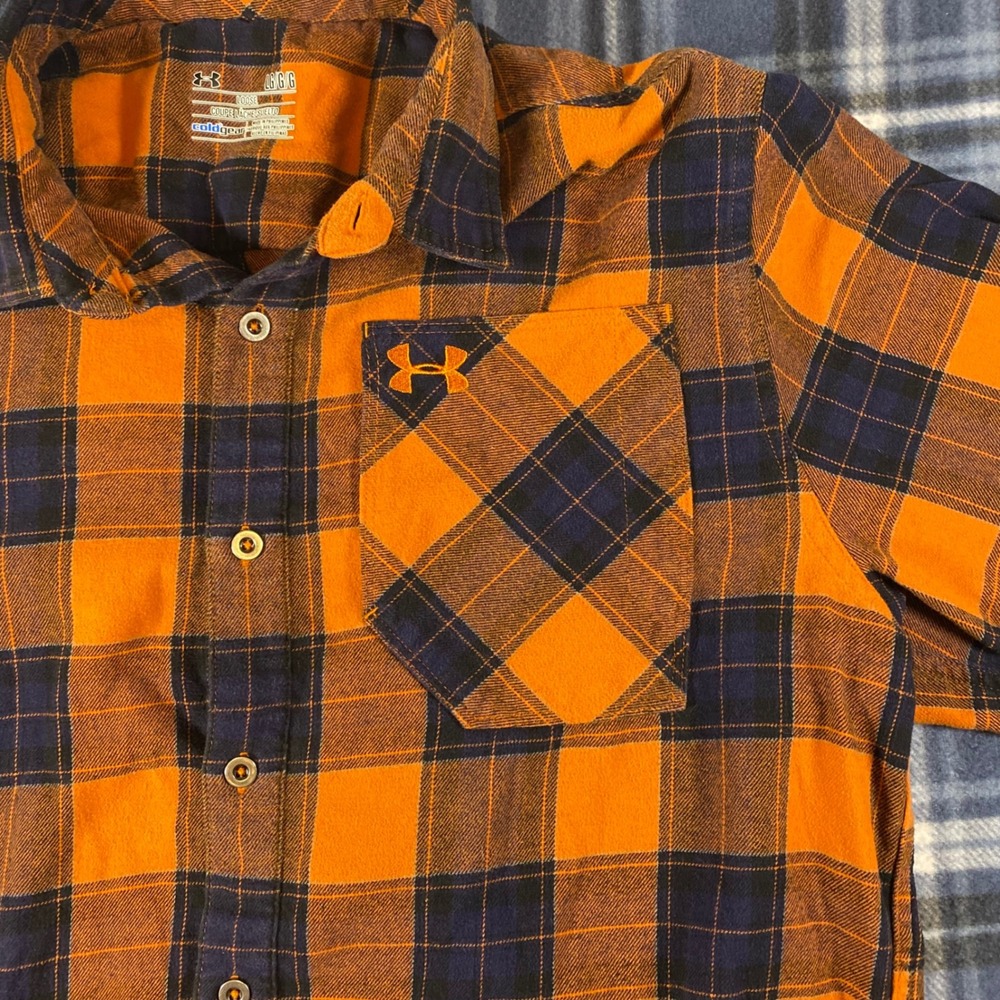 Under Armour ColdGear Mens Plaid Flannel Shirt Orange Navy Blue Loose Fit Large - Picture 3 of 6